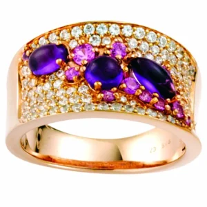 Ametyst-, rosa safir- og diamant designring
